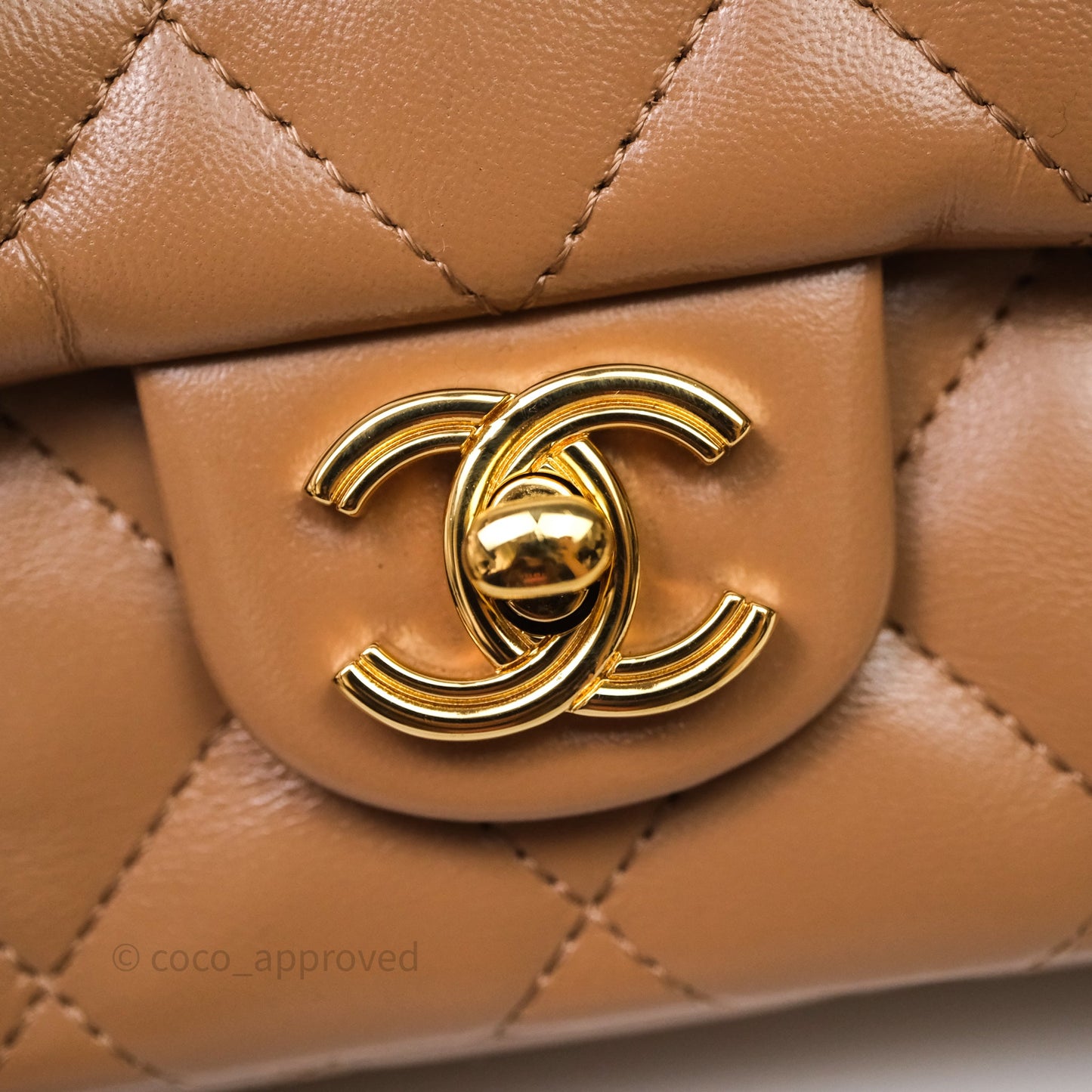 Chanel Top Handle Flap Bag Beige Lambskin Gold Hardware