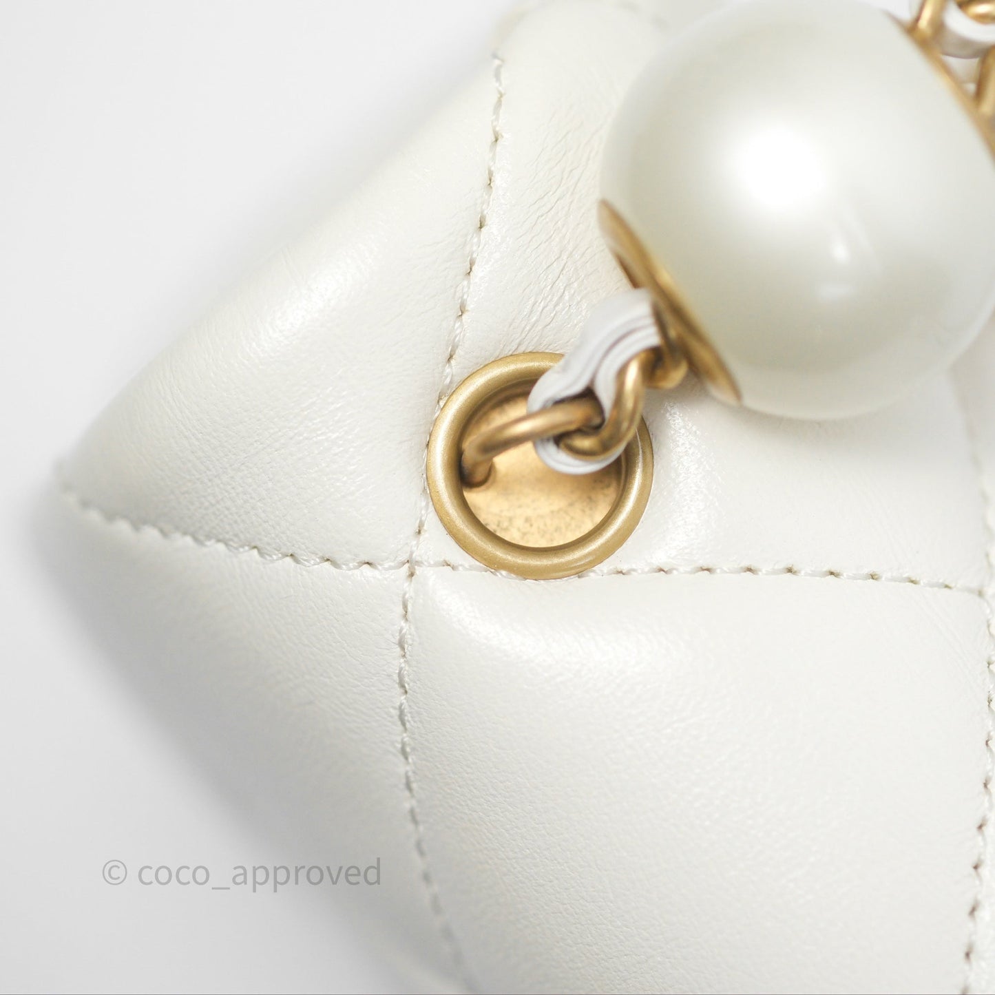 Chanel Quilted Double Pearl Adjustable Chain Flap Bag White Lambskin Aged Gold Hardware 24S