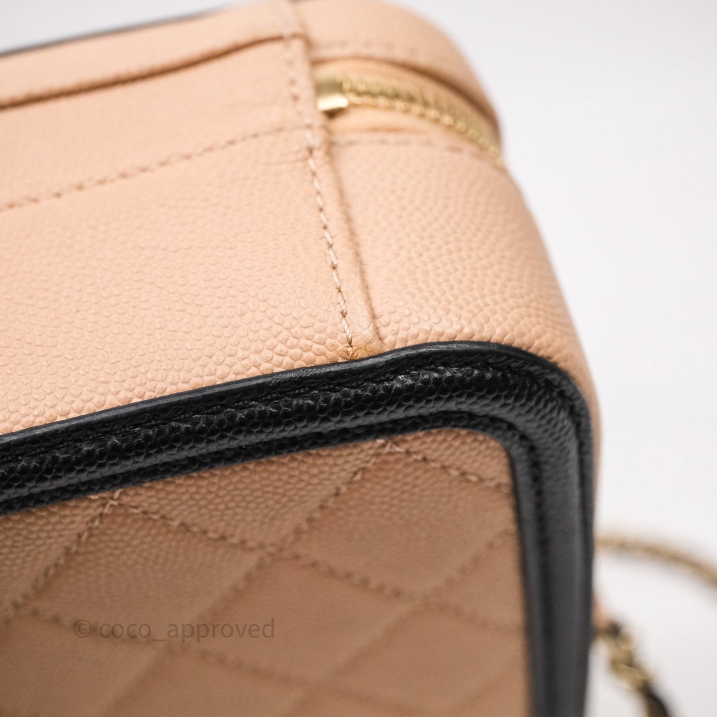 Chanel Quilted New Small CC Filigree Vanity Case Beige Caviar Gold Hardware