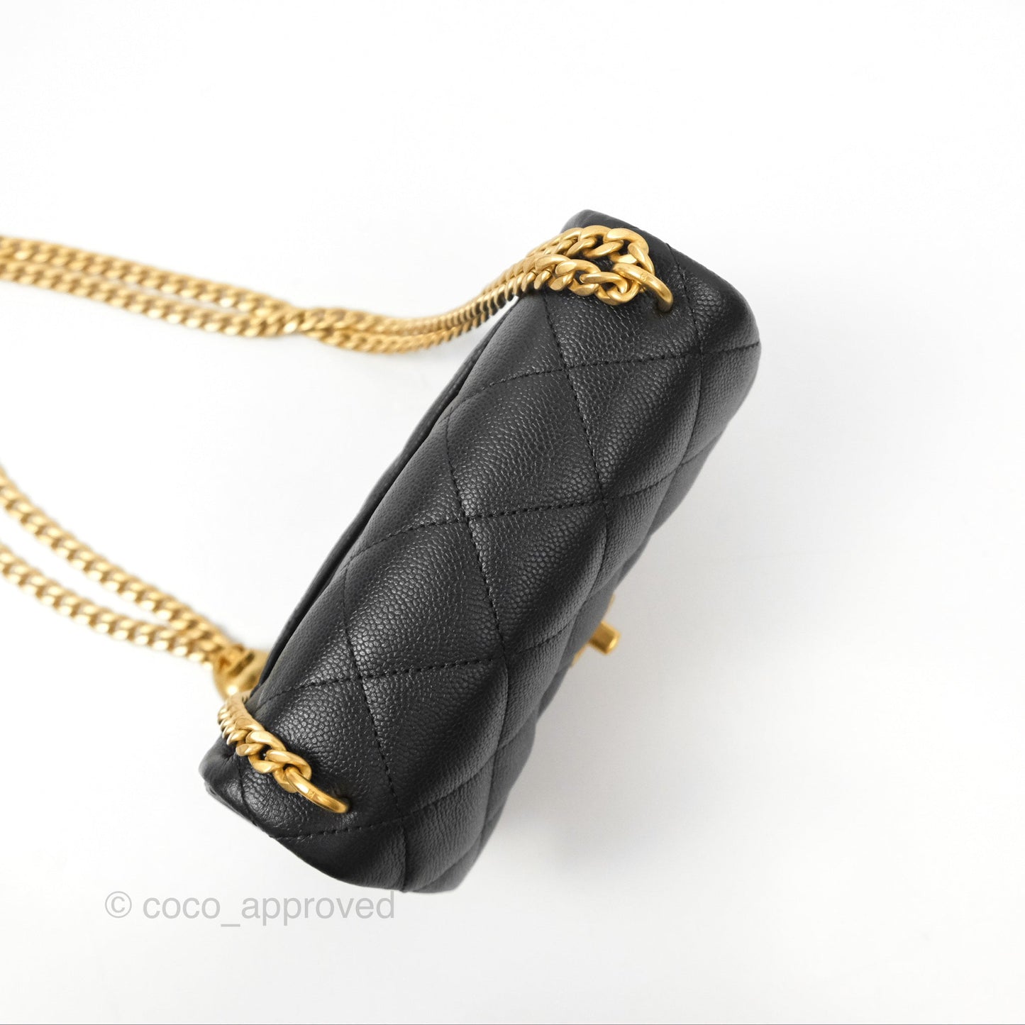 Chanel Mini Flap Bag Heart Adjustable Chain Black Caviar Aged Gold Hardware