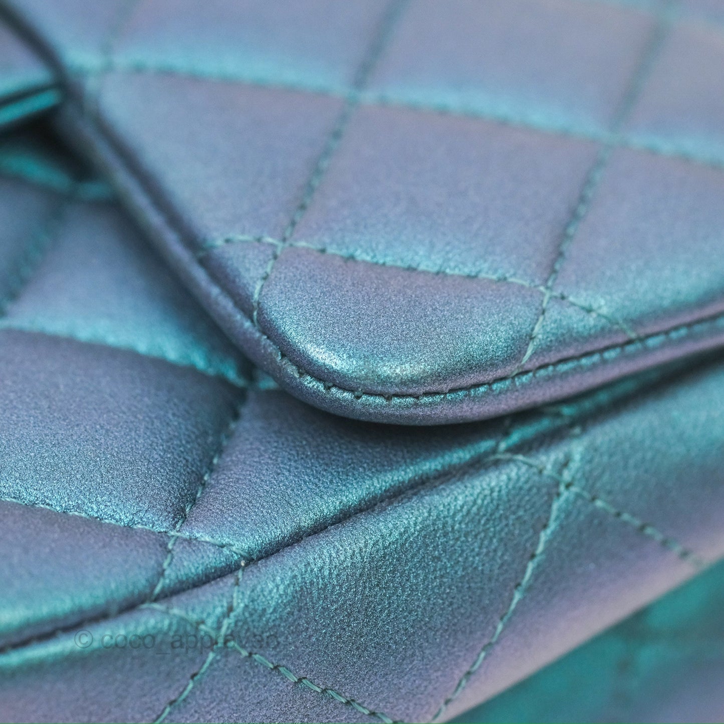 Chanel Mini Square Flap Quilted Iridescent Teal Lambskin Gun Metal