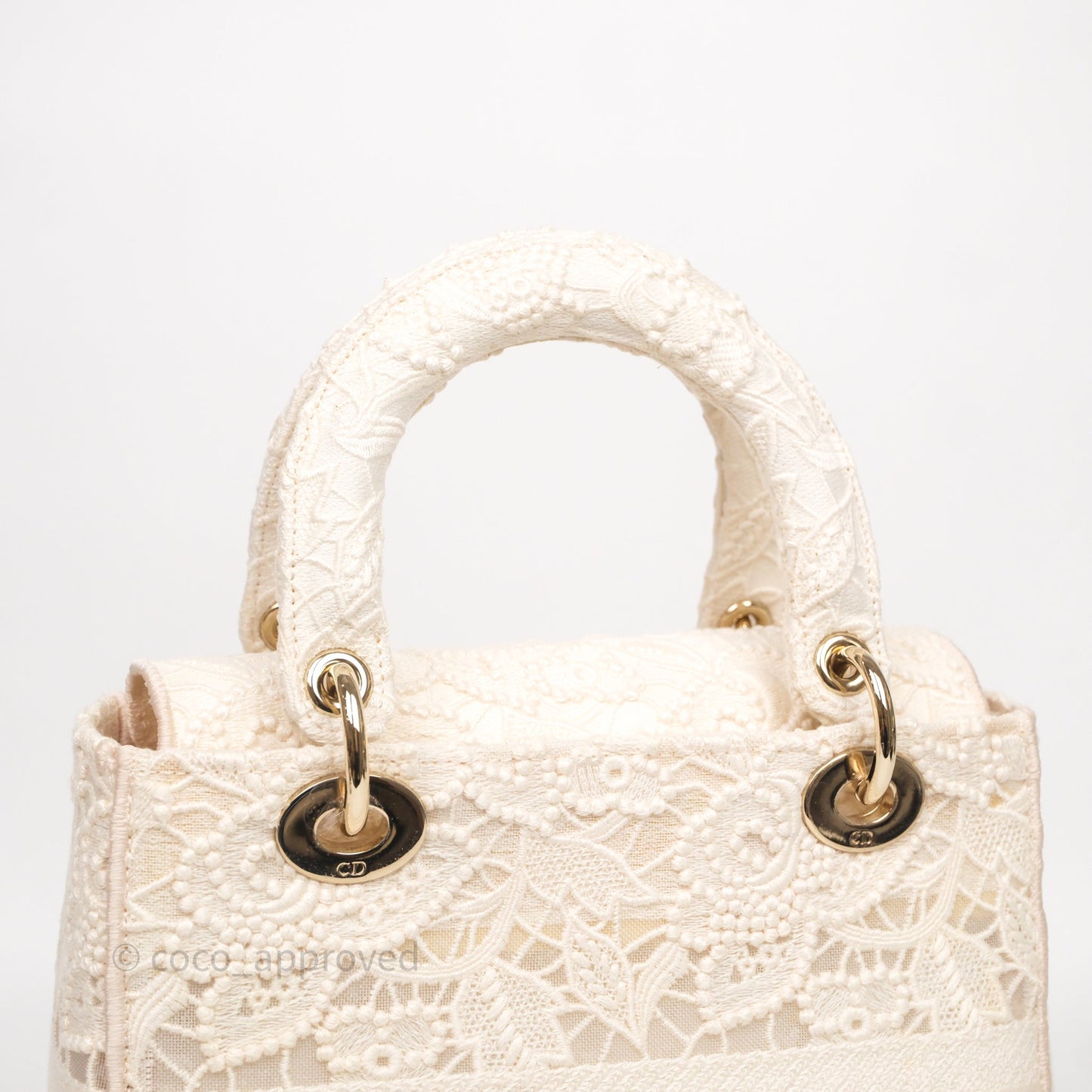 Christian Dior Lace Medium Lady Dior Ivory White Gold Hardware