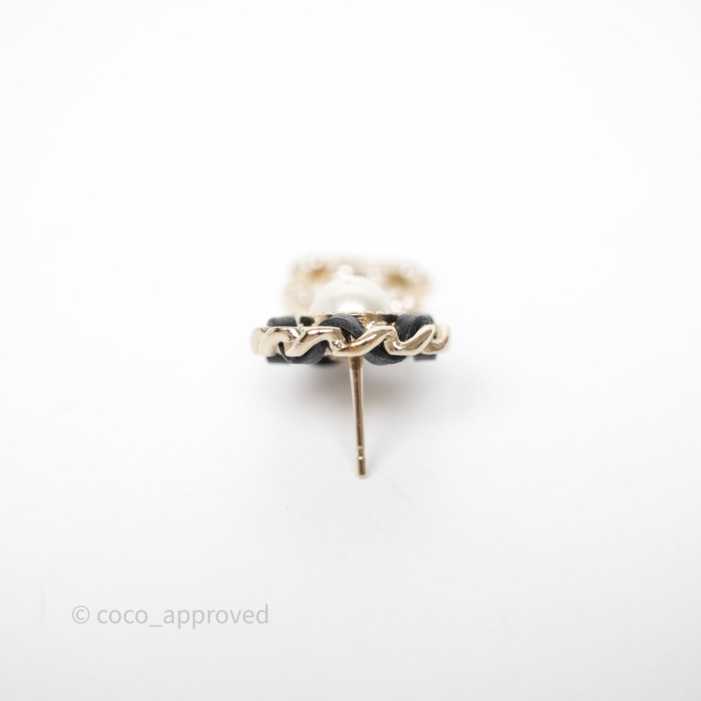 Chanel Oval Pearl Braided Black Leather Drop Crystal CC Earrings Gold Tone 21B