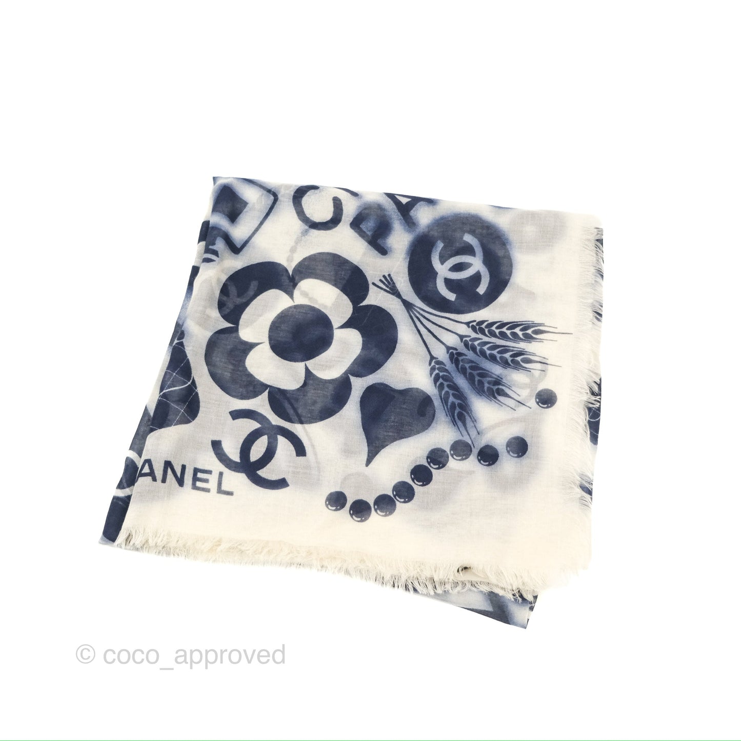 Chanel Square Cashmere Silk Scarf 140 Navy/White