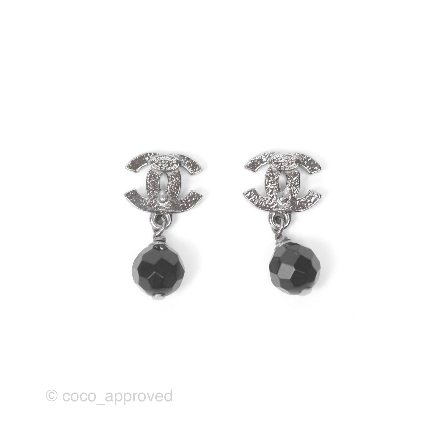 Chanel CC Black Bead Drop Earrings Dark Silver 10V