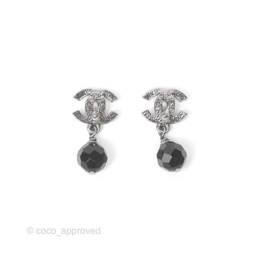 Chanel CC Black Bead Drop Earrings Dark Silver 10V