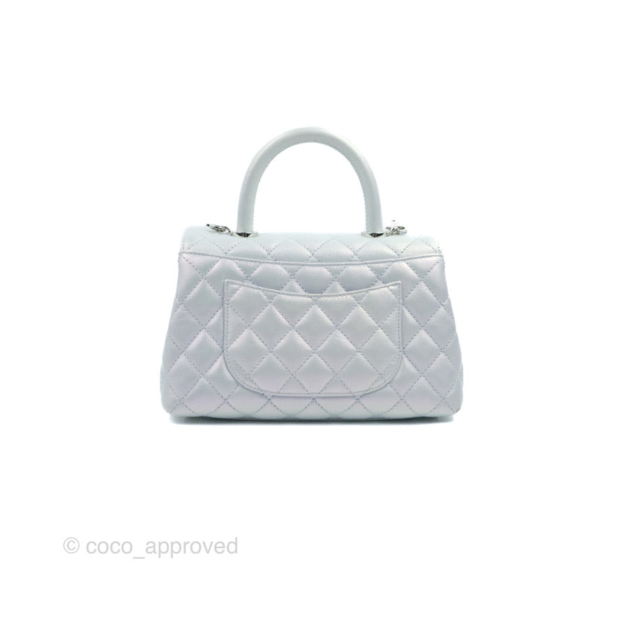 Chanel Small Coco Handle Quilted Iridescent Light Blue Caviar Rainbow Hardware