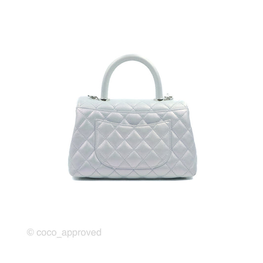 Chanel Small Coco Handle Quilted Iridescent Light Blue Caviar Rainbow Hardware