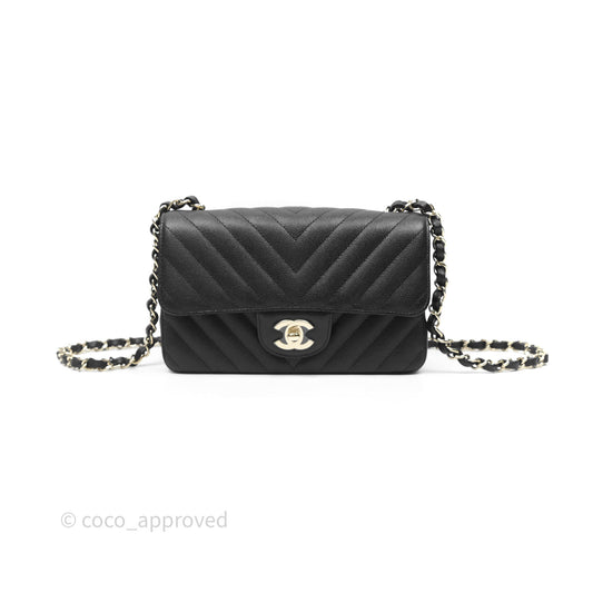 Chanel Chevron Mini Rectangular Flap Black Caviar Gold Hardware
