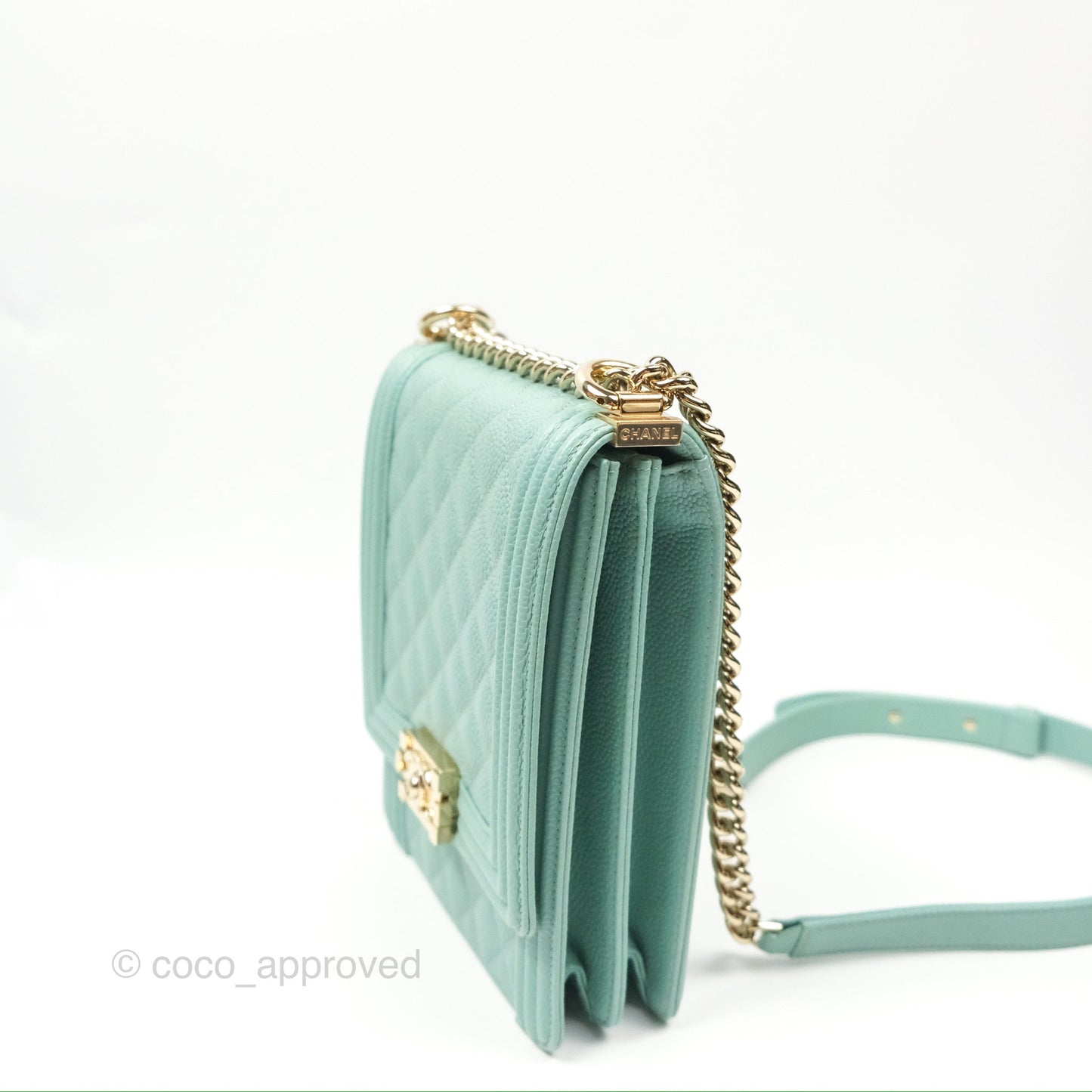 Chanel Quilted North South Boy Flap Tiffany Green Caviar Gold Hardware