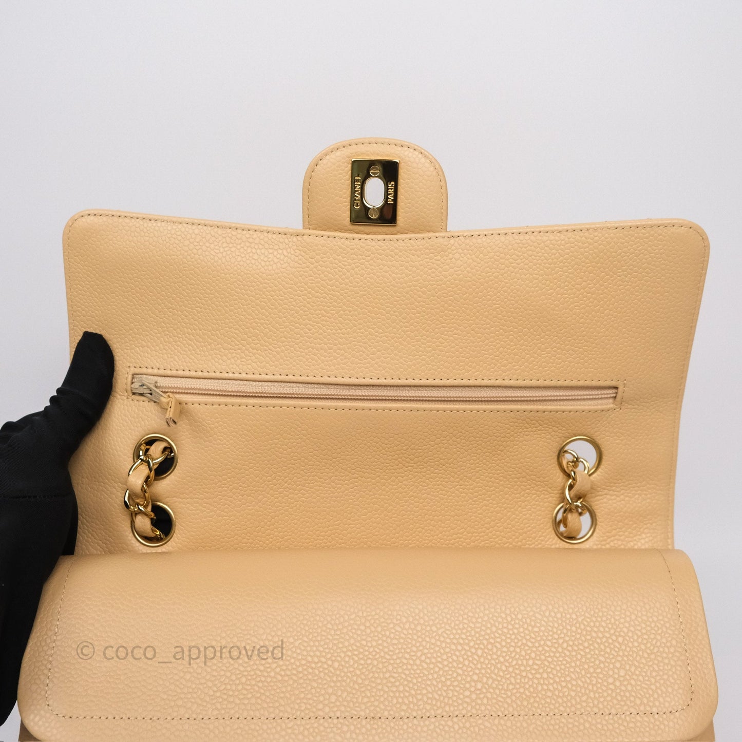 Chanel M/L Medium Classic Flap Quilted Beige Caviar Gold Hardware