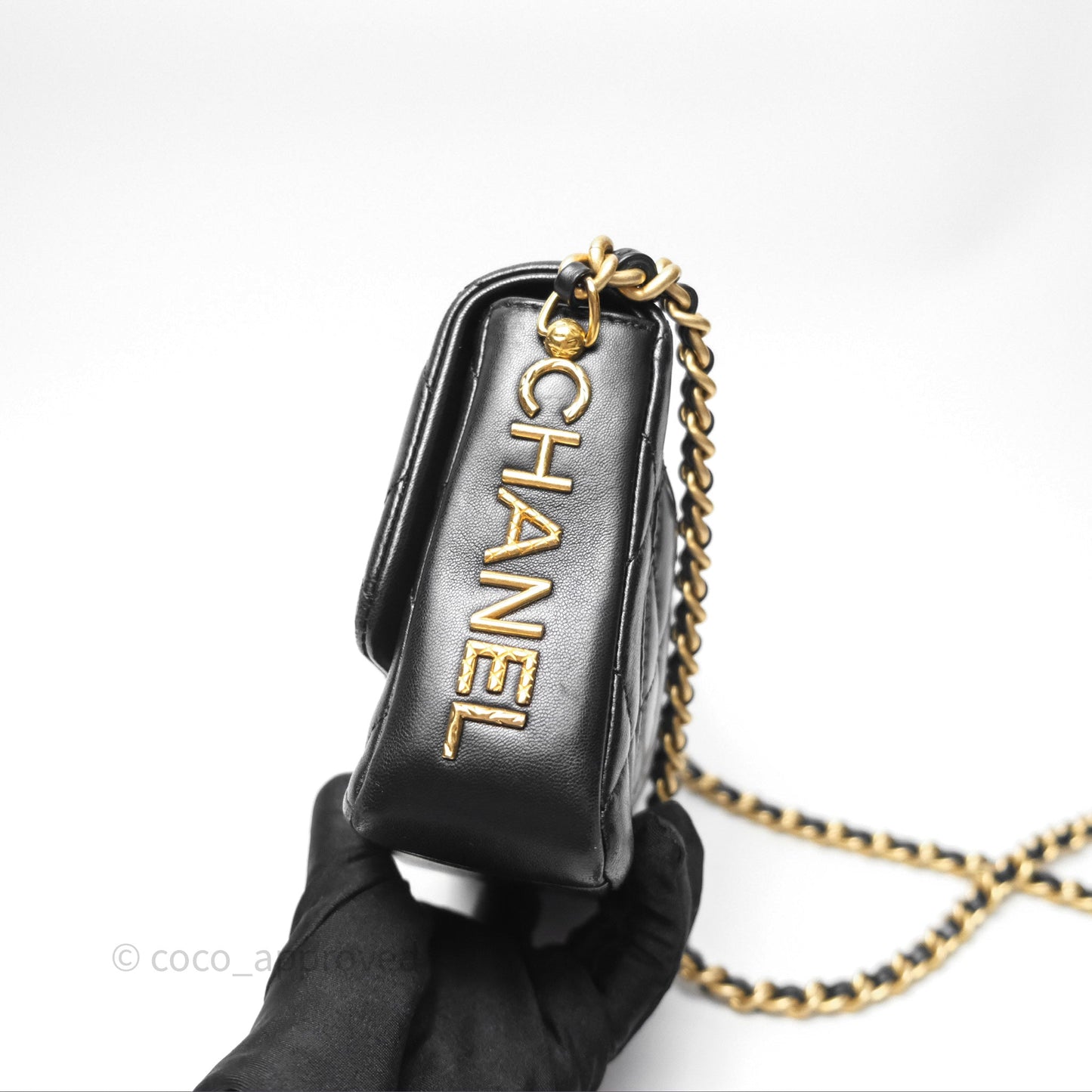 Chanel Logo Mini Square Flap Bag Black Lambskin Aged Gold Hardware 21B