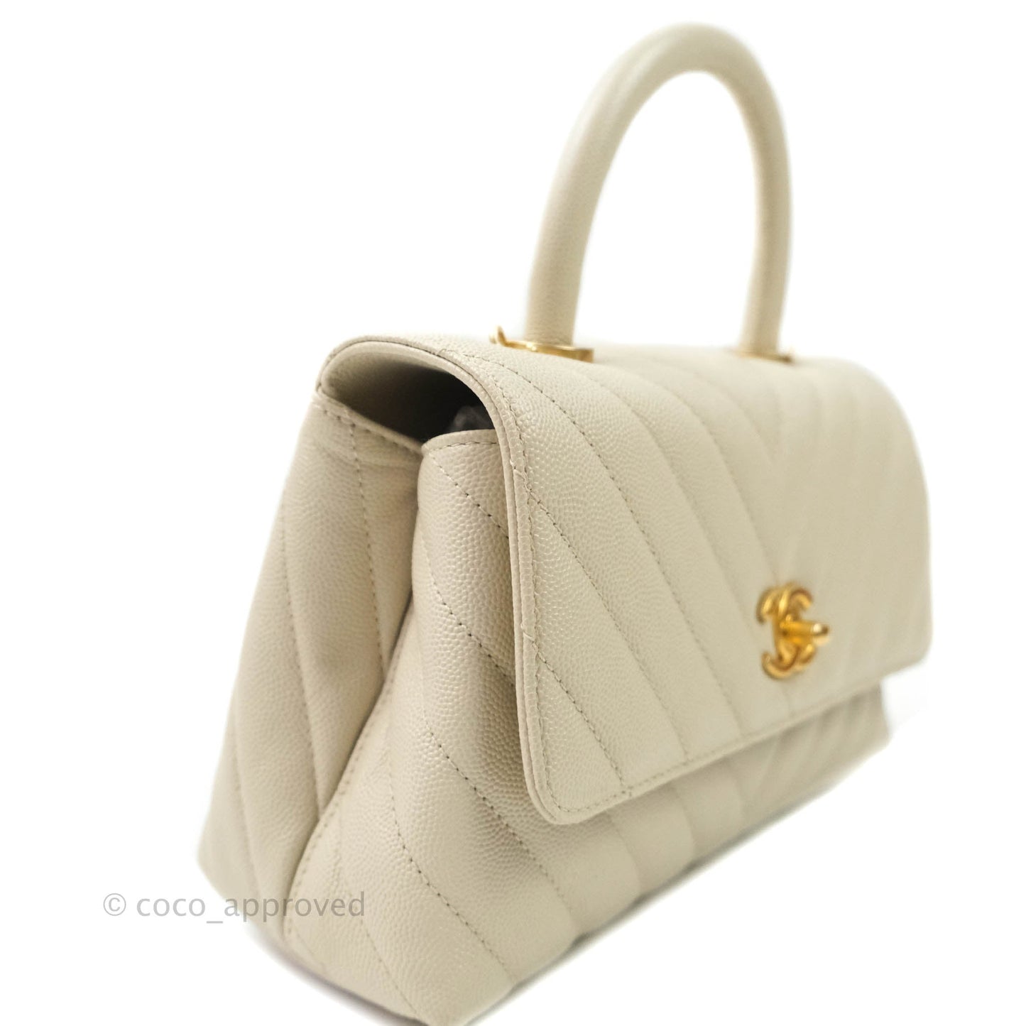 Chanel Mini Coco Handle Chevron Stone White Caviar Aged Gold Hardware