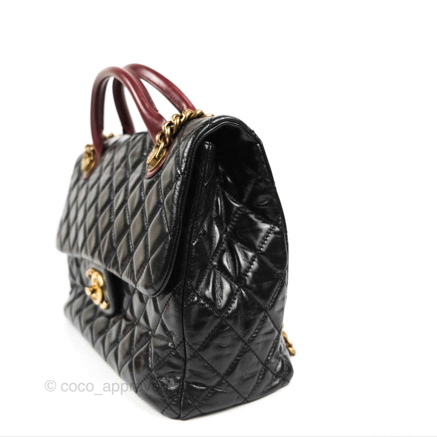 Chanel Large Castle Rock Flap Bag Black Glazed Aged Calfskin Burgundy Handle