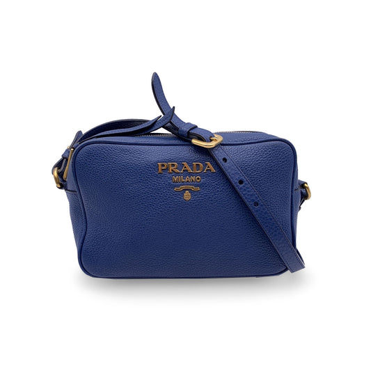 Luxury PradaBlue Vitello Phenix Leather Crossbody Messenger Camera Bag