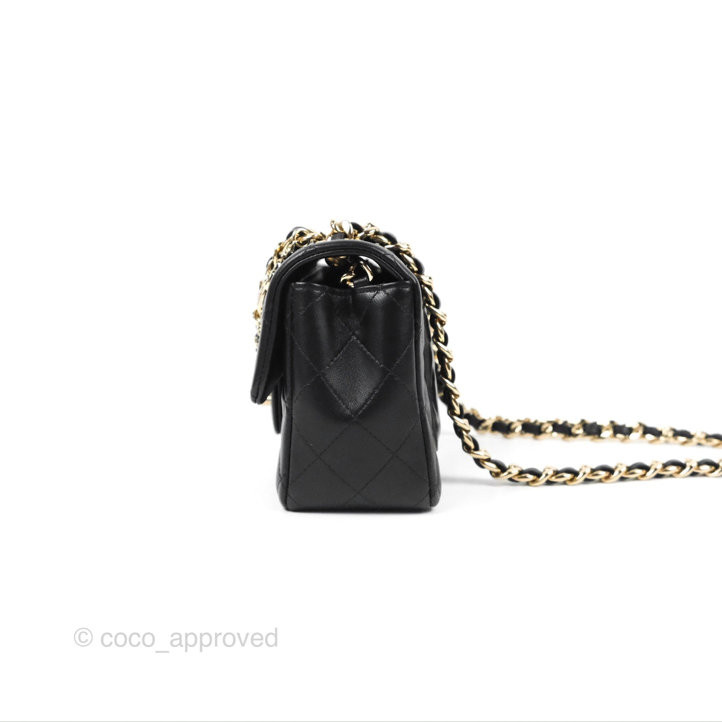 Chanel Quilted Mini Rectangular Lambskin Black Flap With Charms Gold Hardware 21C