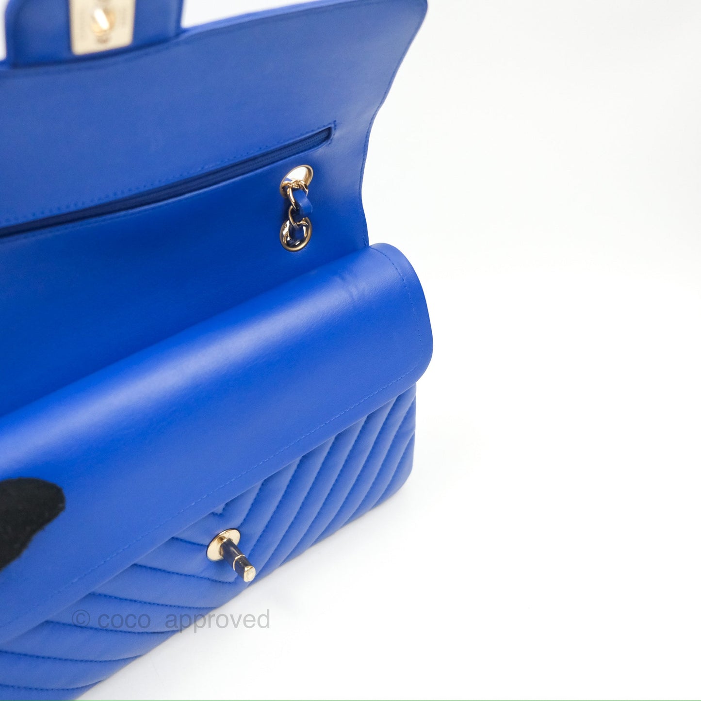 Chanel Medium Classic Flap Chevron Blue Lambskin Gold Hardware
