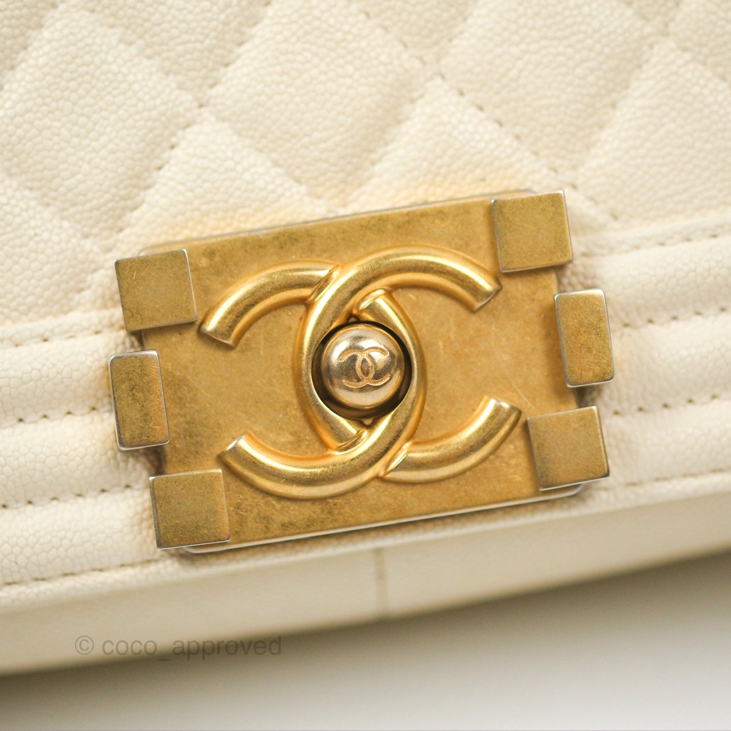 Chanel Medium Boy Quilted Ivory Caviar Aged Gold Hardware