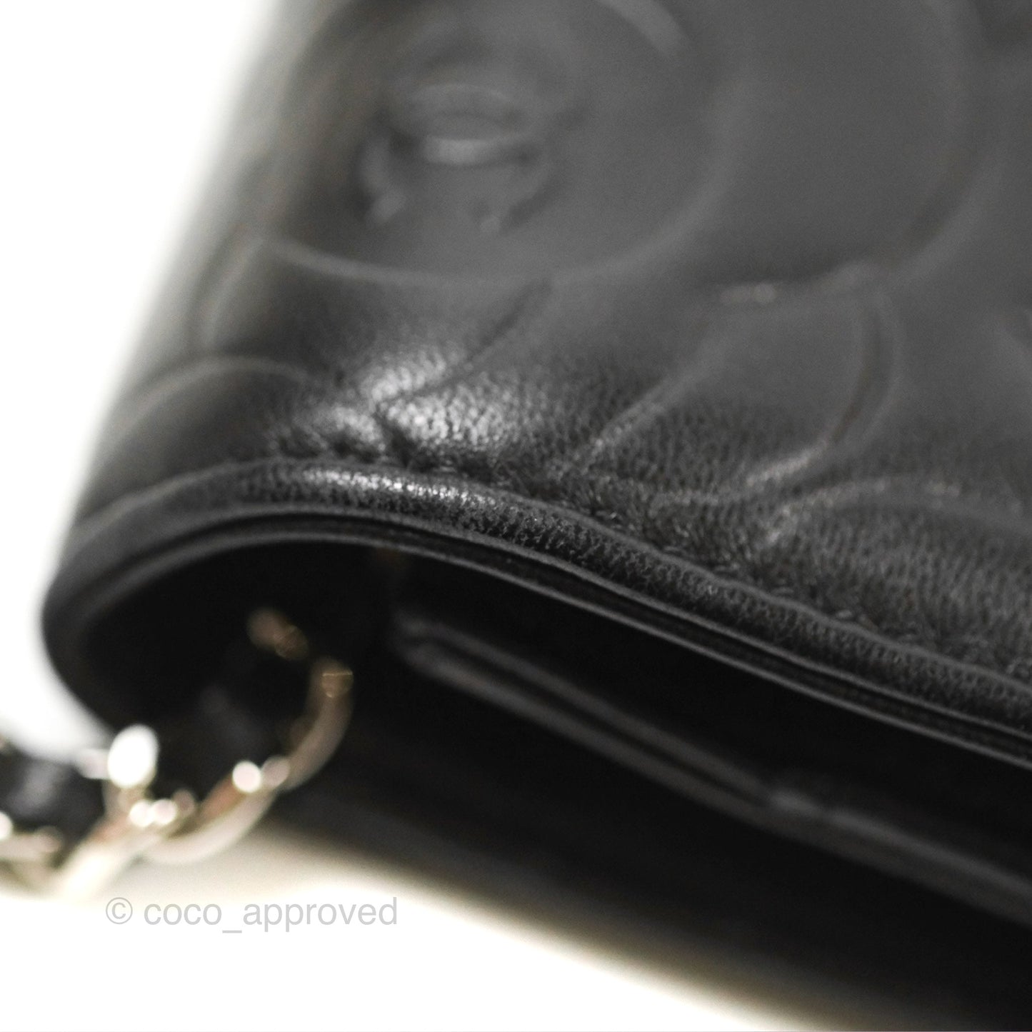 Chanel Camellia Embossed Wallet on Chain WOC Black Lambskin Silver Hardware