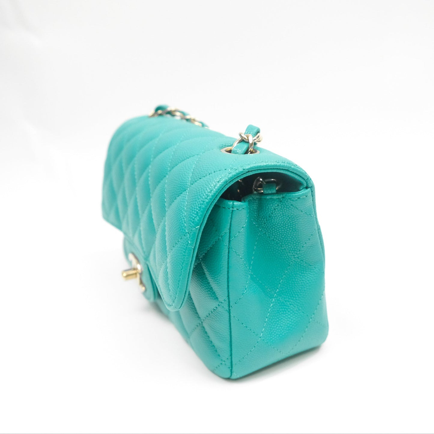 Chanel Mini Rectangular Flap Quilted Turquoise Caviar Gold Hardware