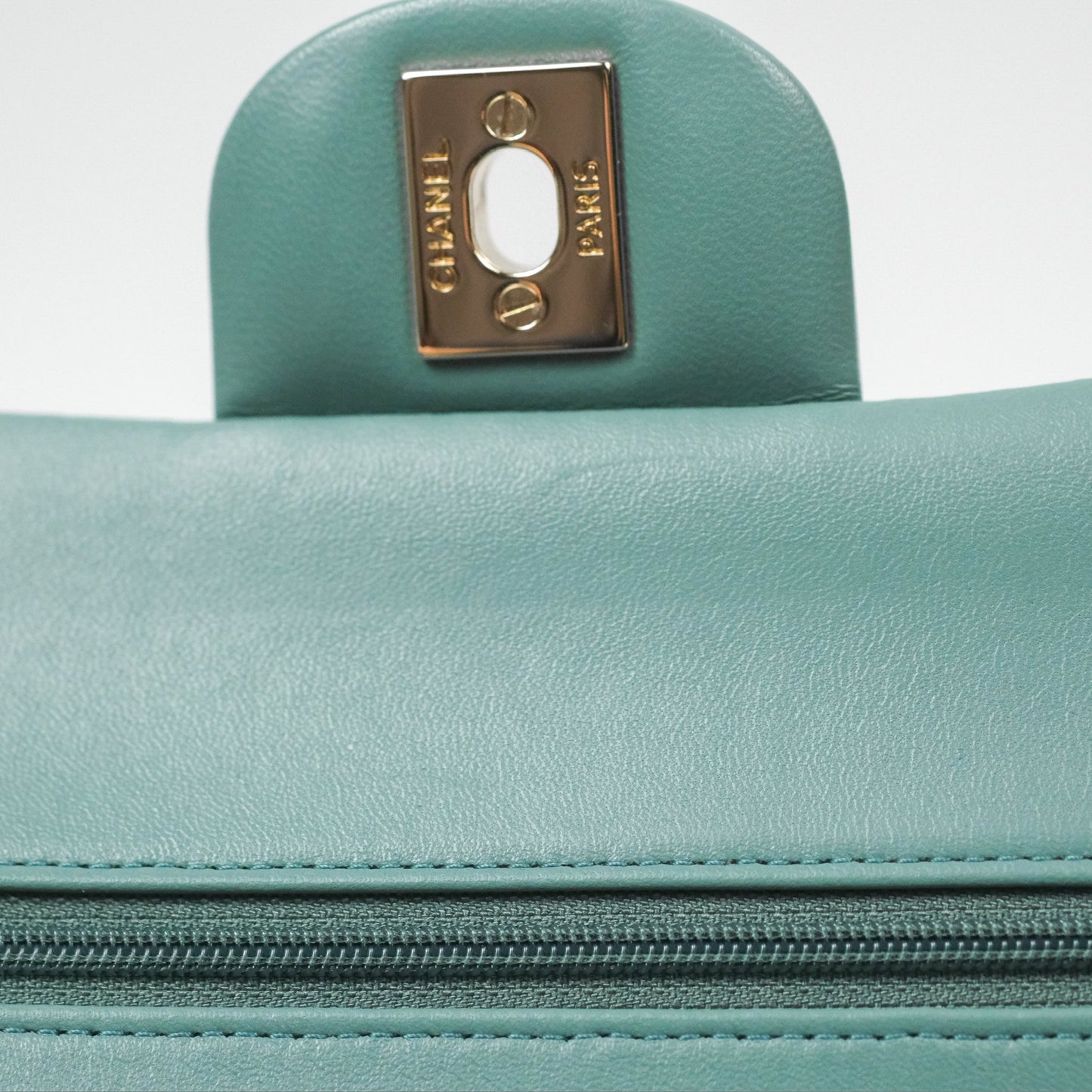 Chanel Small Quilted Classic Flap Dark Tiffany Green Lambskin Gold Hardware