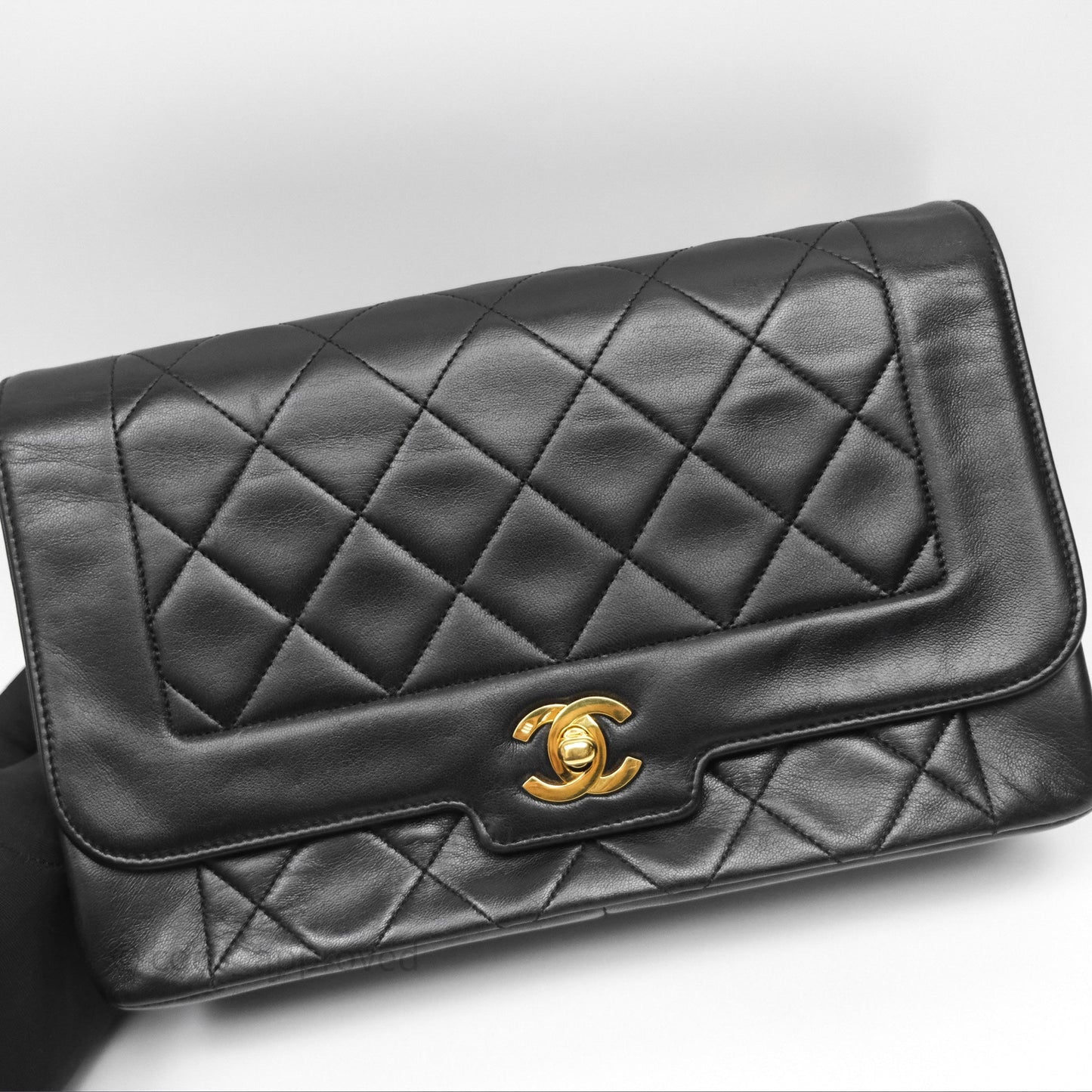 Chanel Vintage Medium Quilted Diana Flap Bag Black Lambskin 24K Gold Hardware