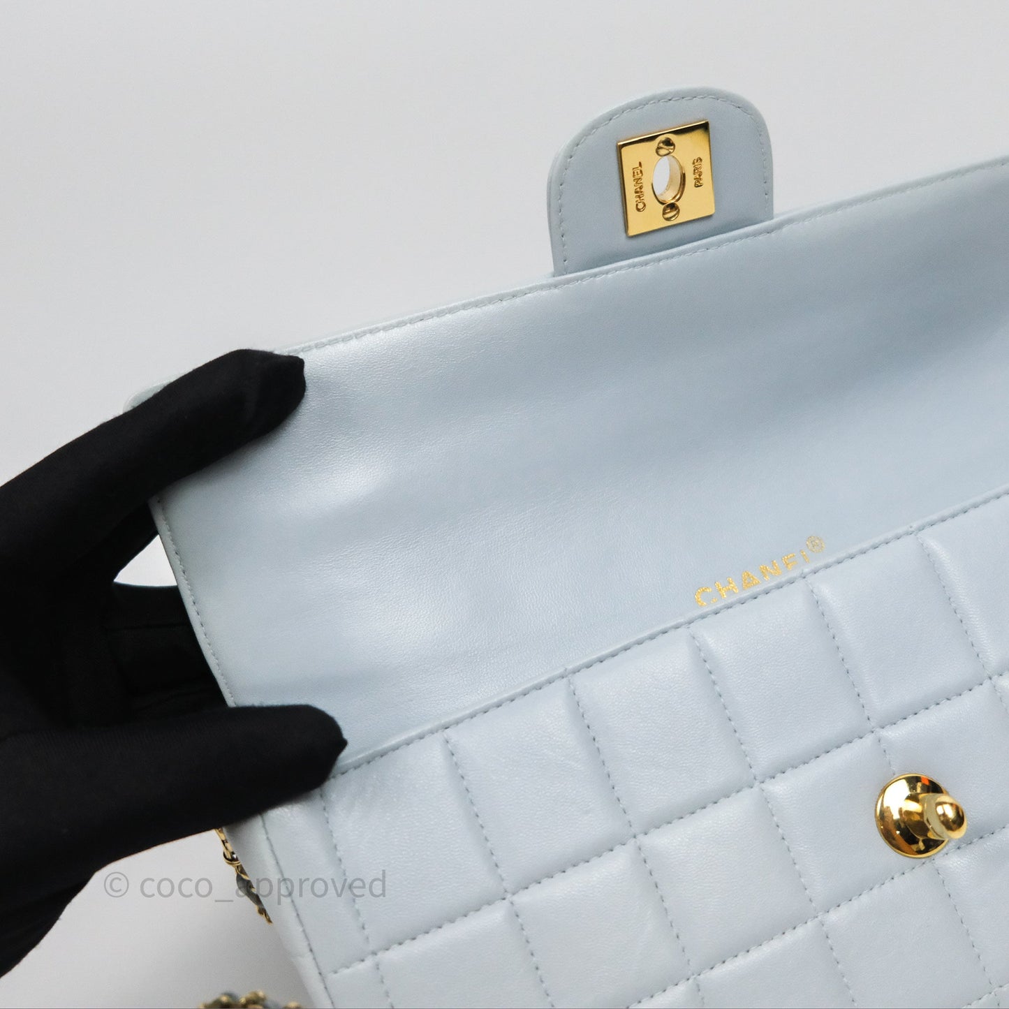 Chanel East West Chocolate Bar Flap Bag Blue Lambskin 24K Gold Hardware