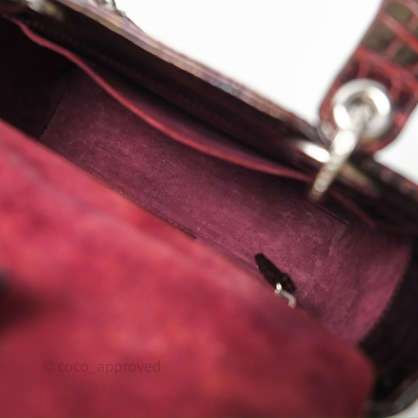 Christian Dior Small Lady Dior Shiny Crocodile Burgundy Diamond Hardware
