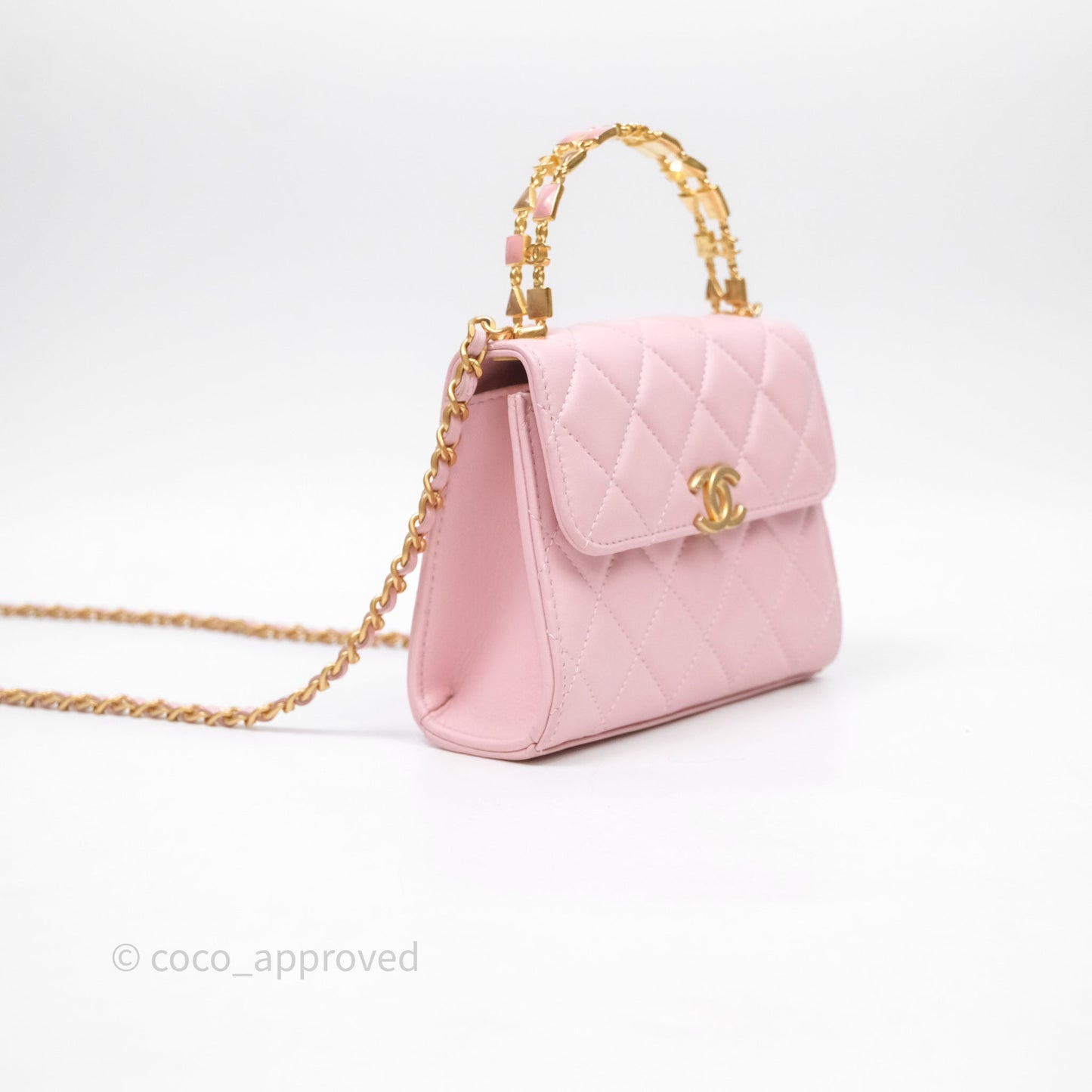 Chanel Mini Enamel Handle Clutch on Chain Pink Lambskin Gold Hardware