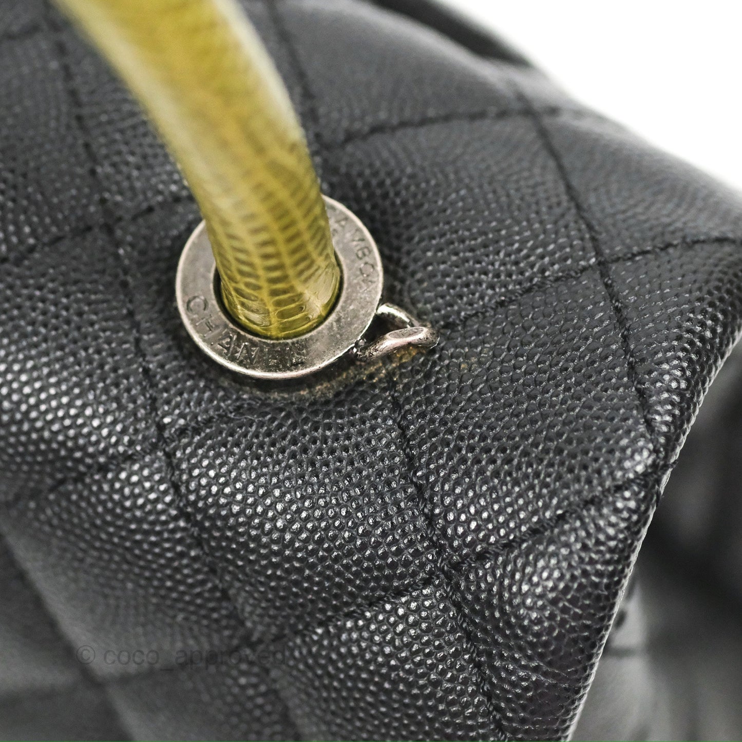 Chanel Small Coco Handle Quilted Black Caviar Ruthenium Hardware Olive Lizard Handle