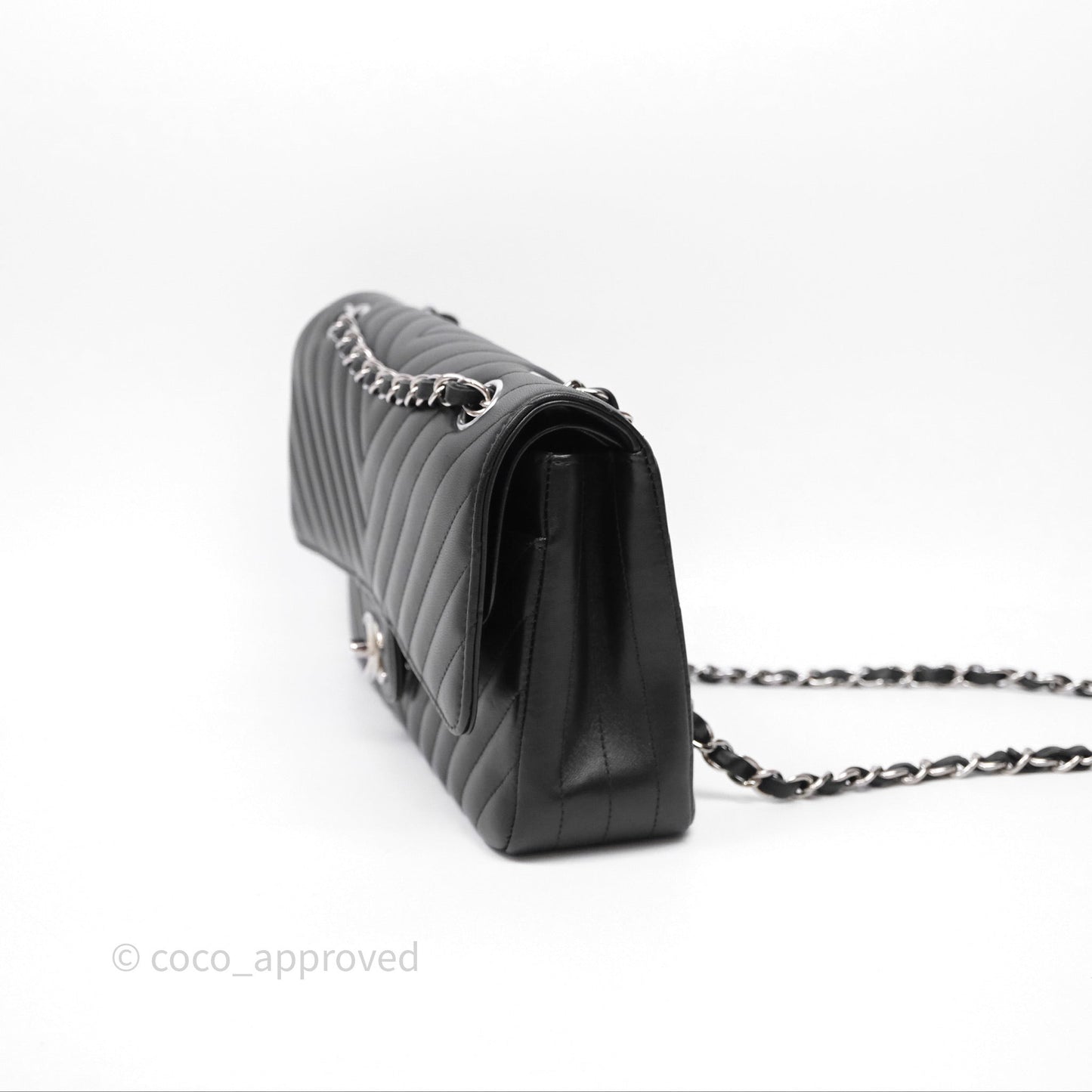Chanel Classic M/L Medium Flap Chevron Black Lambskin Silver Hardware