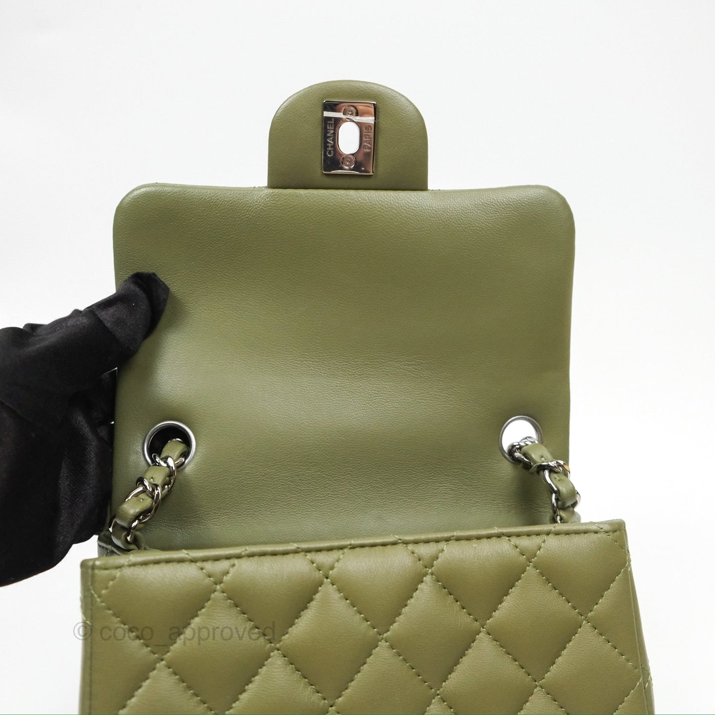 Chanel Mini Square Quilted Olive Green Lambskin Silver Hardware
