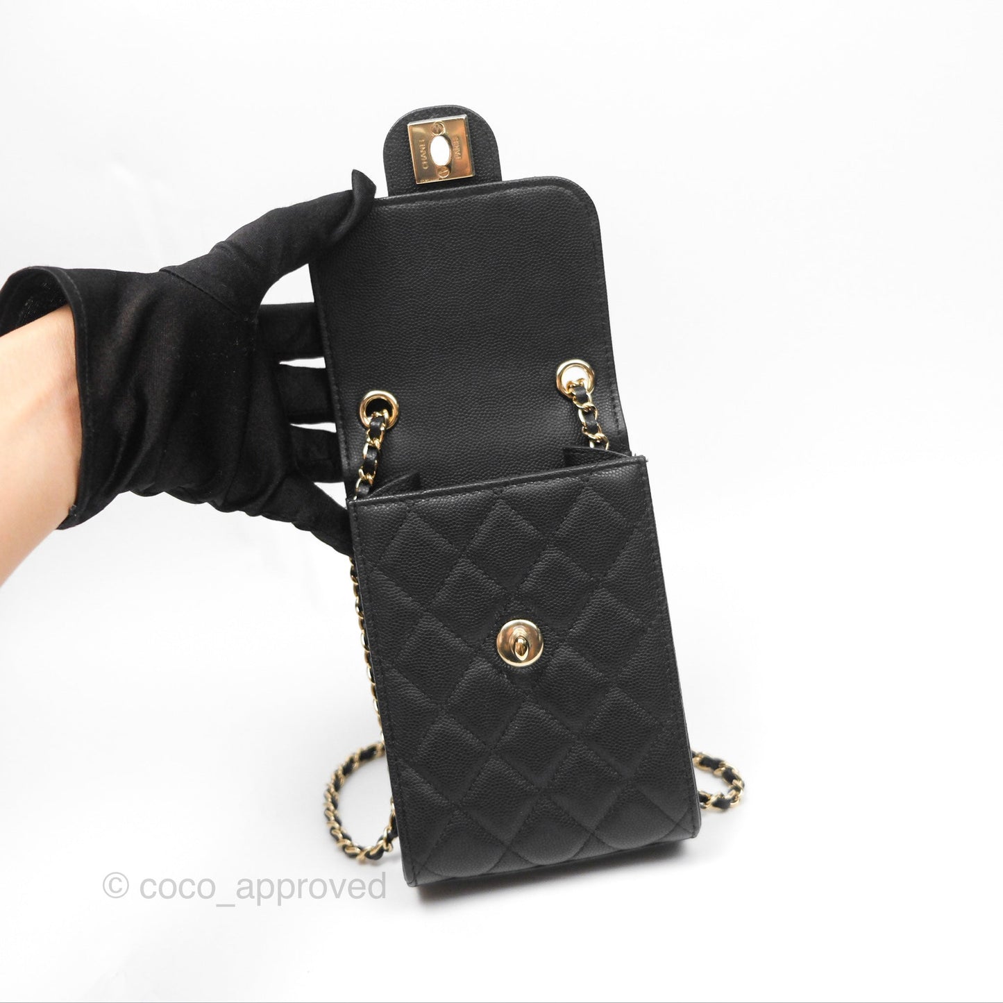 Chanel Classic Quilted Phone Holder Black Caviar Gold Hardware