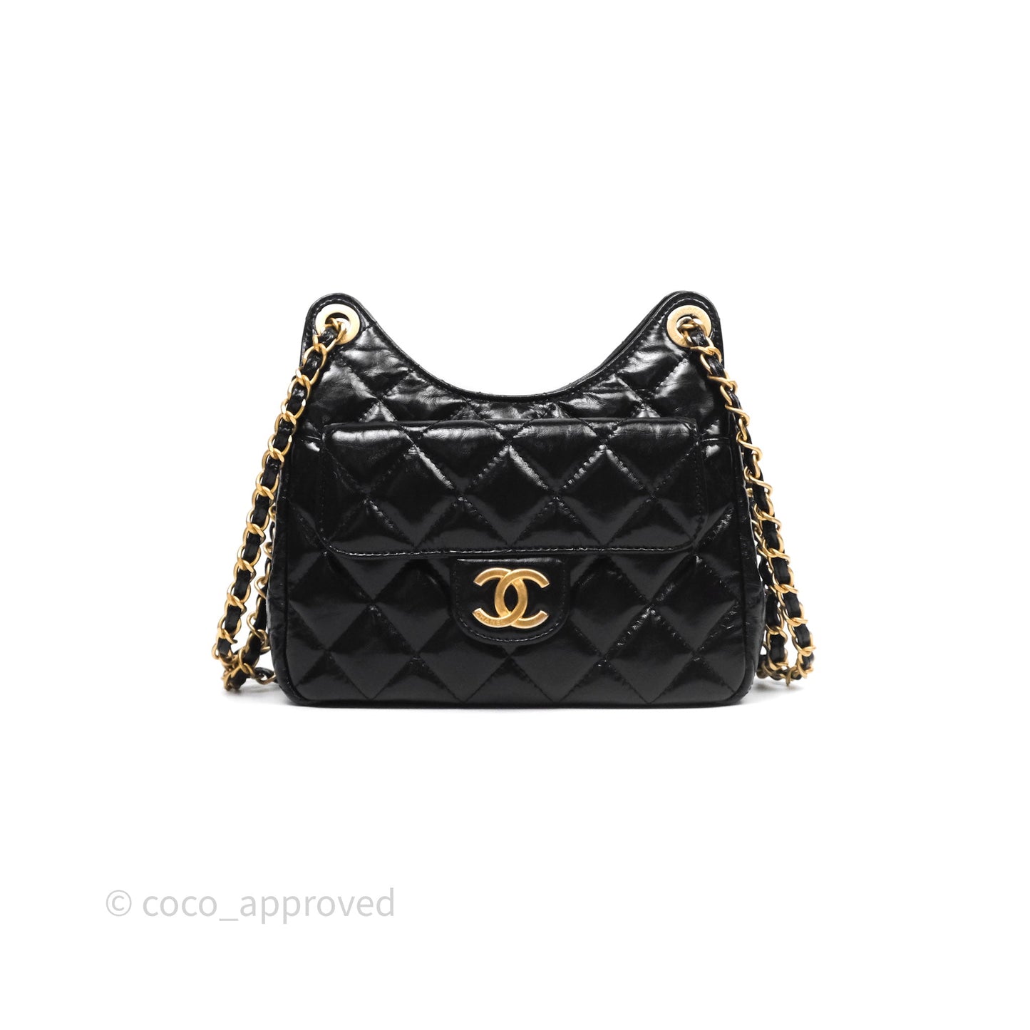 Chanel Small Wavy CC Hobo Black Shiny Crumpled Calfskin Aged Gold Hardware 23C
