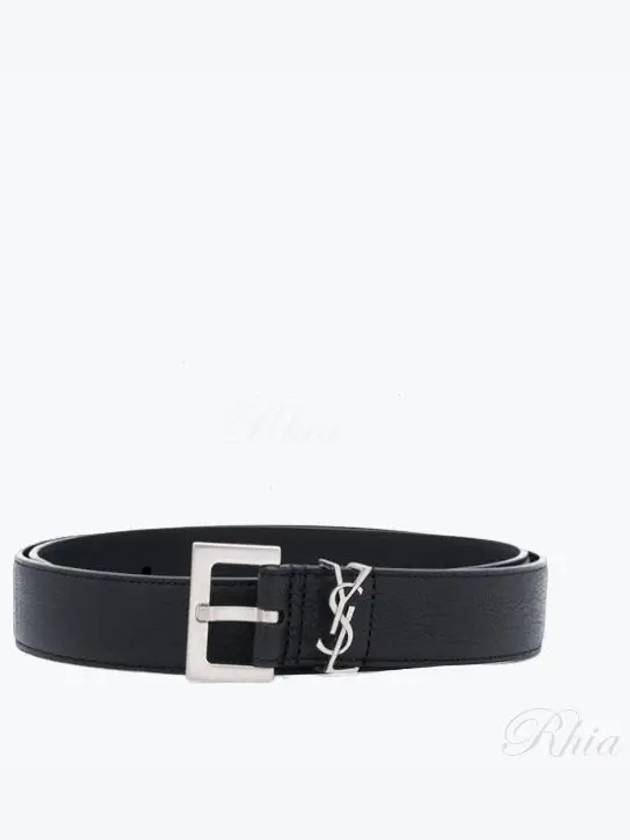 Luxury Saint Laurent Silver Hardware Monogram Buckle Leather Belt Black