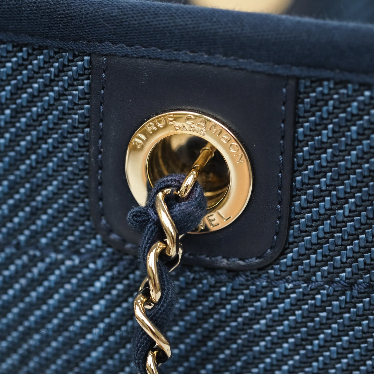 Chanel Medium Deauville Tote Navy Raffia Gold Hardware