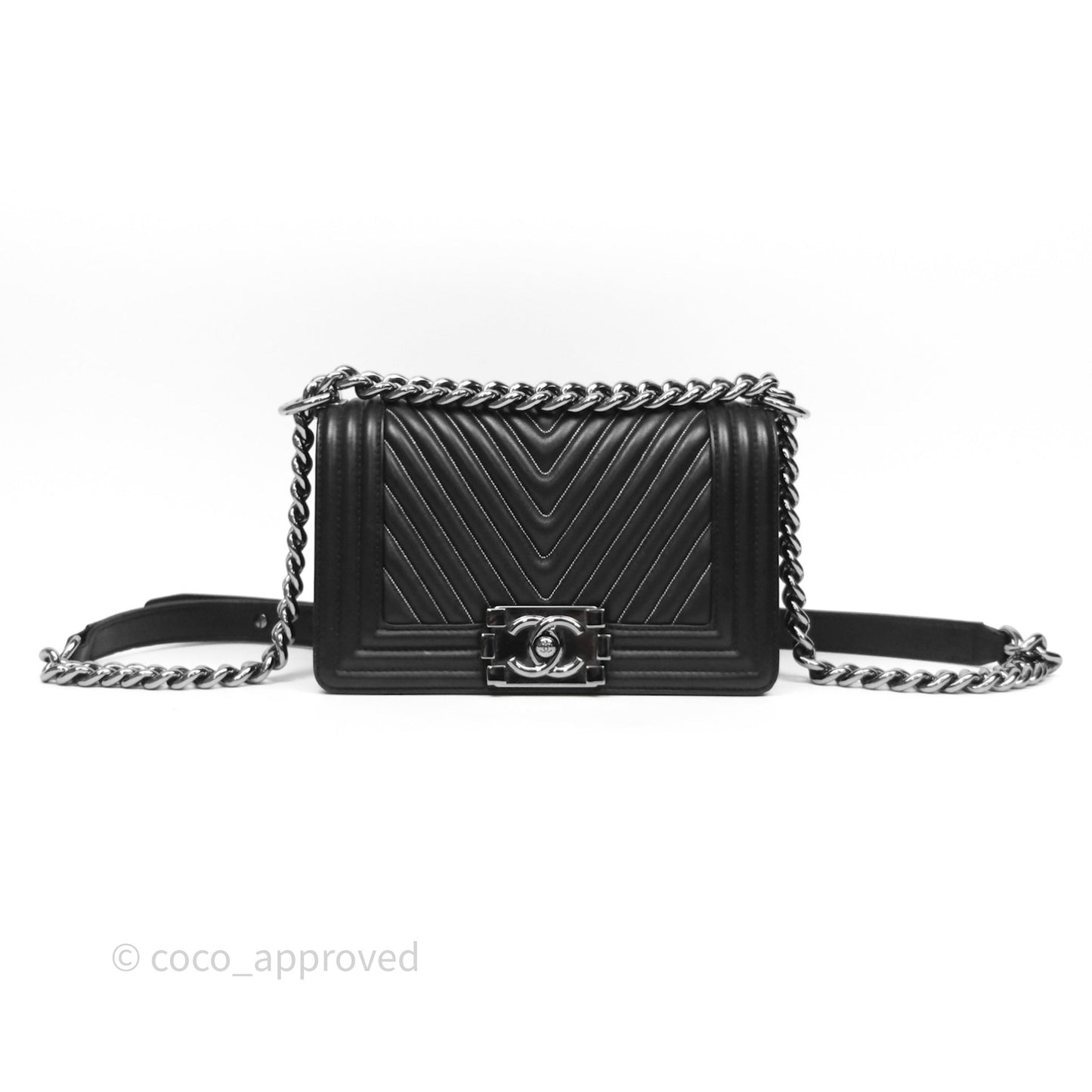 Chanel Small Boy Beaded Chevron Black Lambskin Silver Hardware