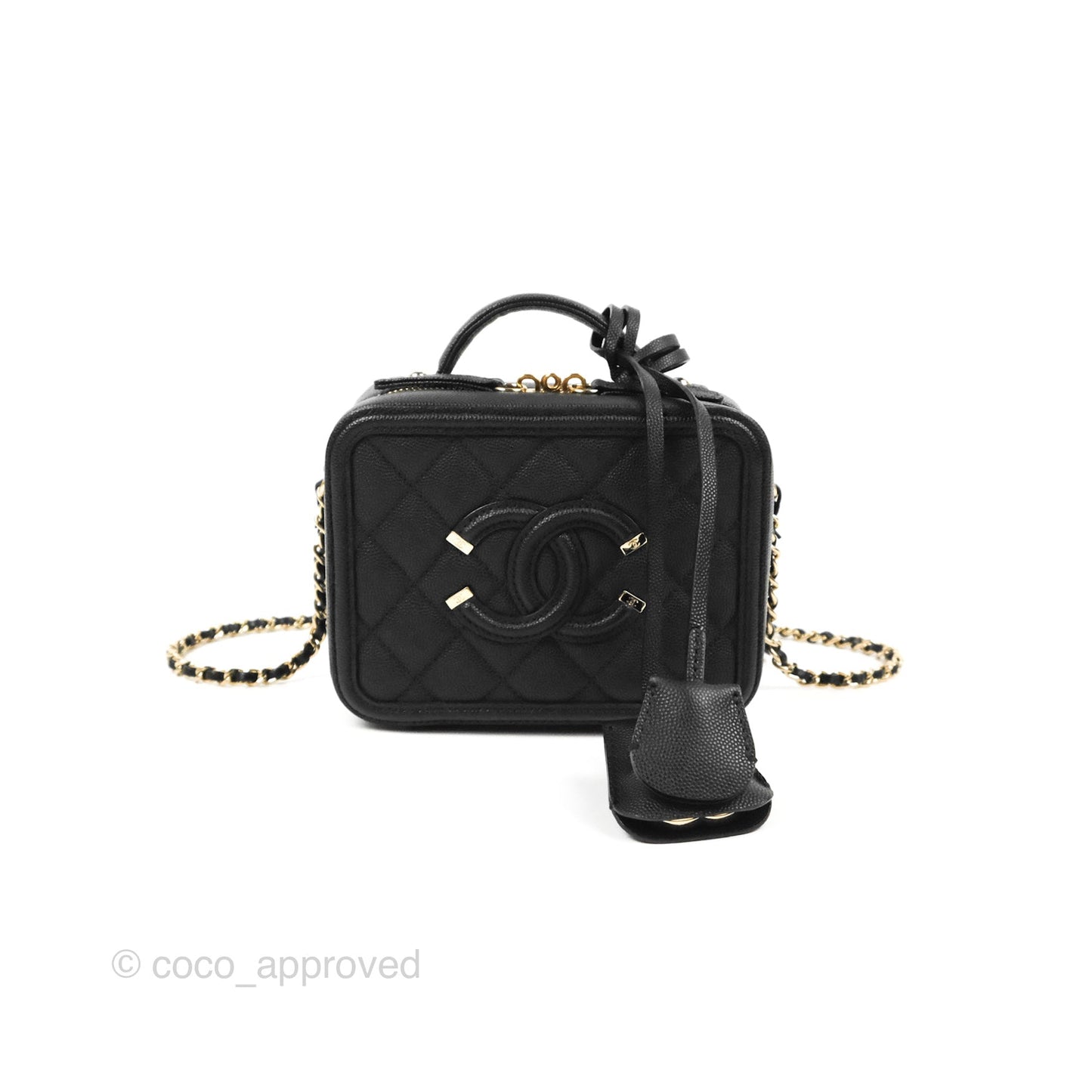 Chanel Quilted Small CC Filigree Vanity Case Black Caviar Gold Hardware