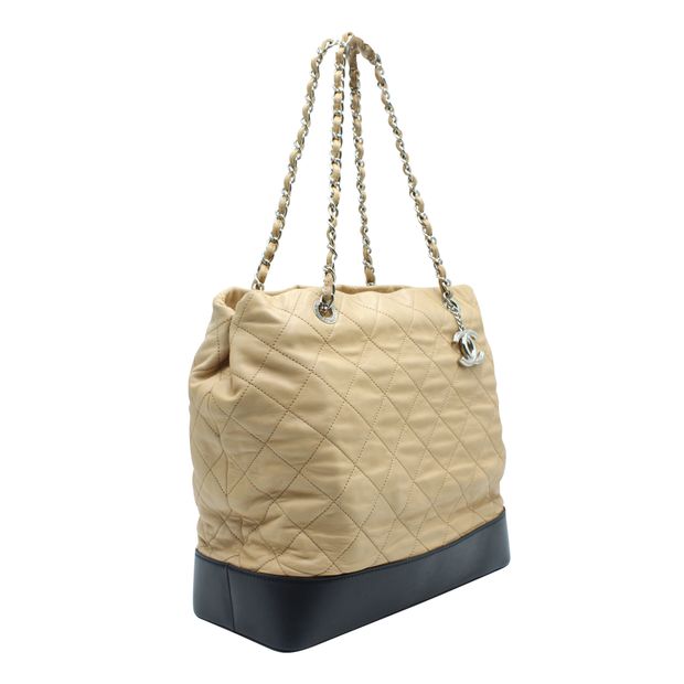 Luxury Chanel Light Brown And Black Quilted Tote Bag In Silver Hardware