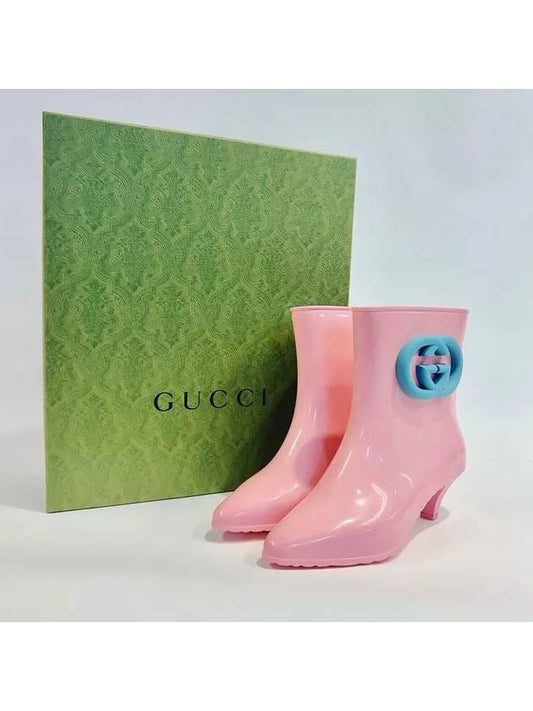 Luxury Gucci Trending 2025 Interlocking G Shiny Rubber Ankle Middle Boots Pink