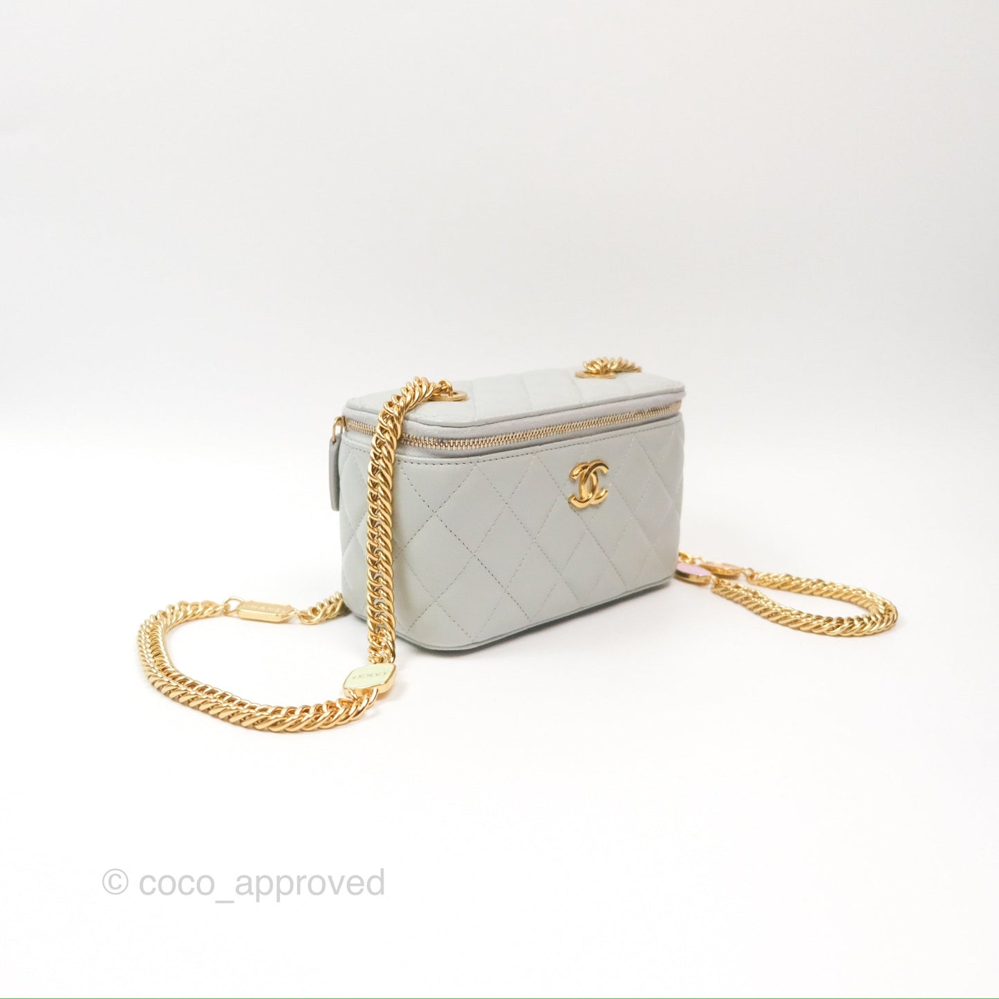 Chanel Quilted Vanity Rectangular with Chain Grey Blue Lambskin Gold Hardware