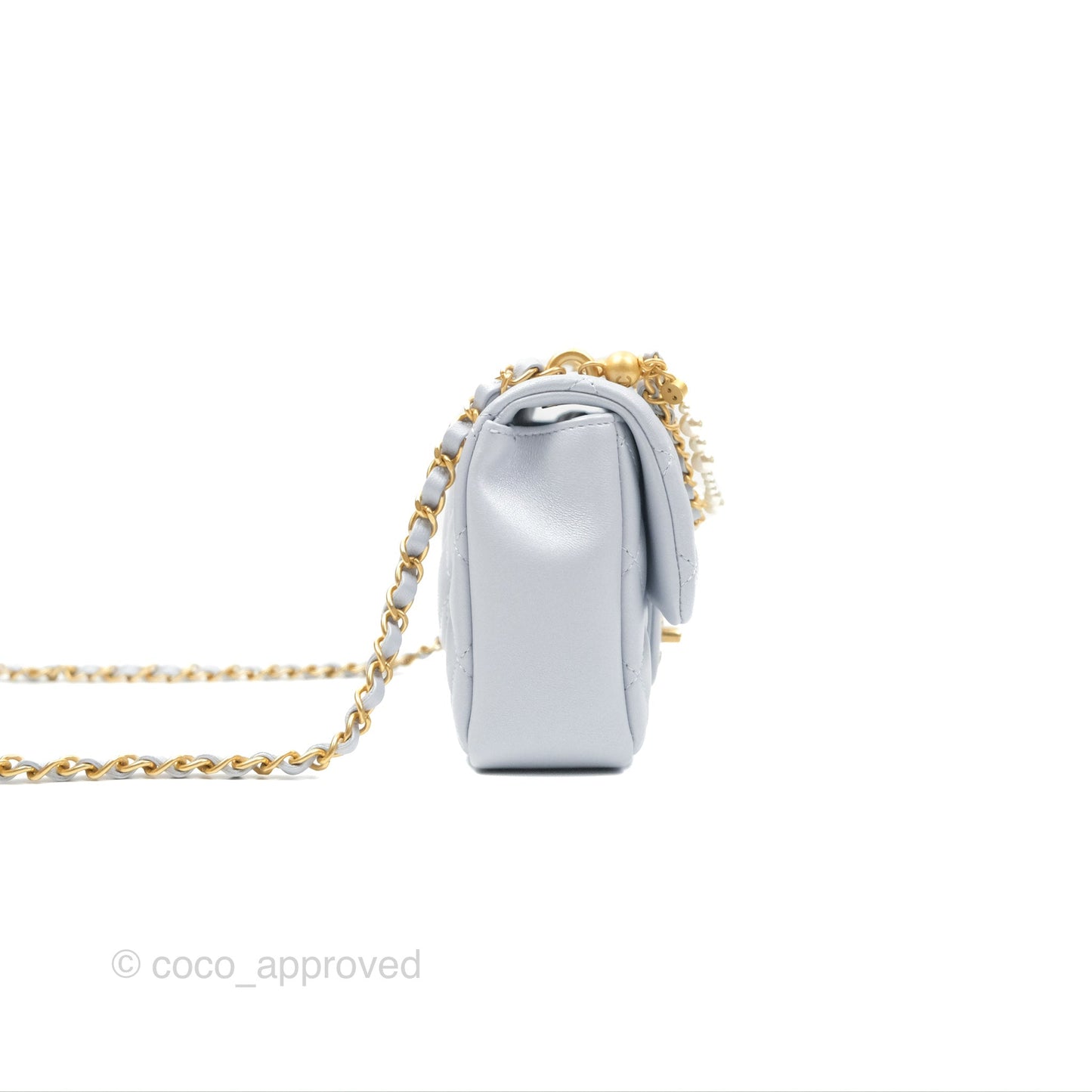 Chanel Mini Flap Bag with Pearl Chain Pearly Light Blue Lambskin Aged Gold Hardware 24P