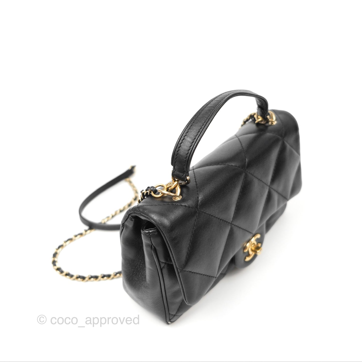 Chanel Small Coco Lady Quilted Flap Bag With Top Handle Black Calfskin Gold Hardware