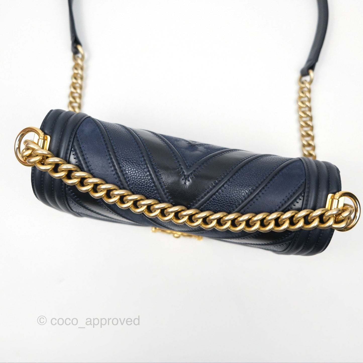 Chanel Medium Boy Chevron Navy Caviar/ Calfskin/ Suede Aged Gold Hardware