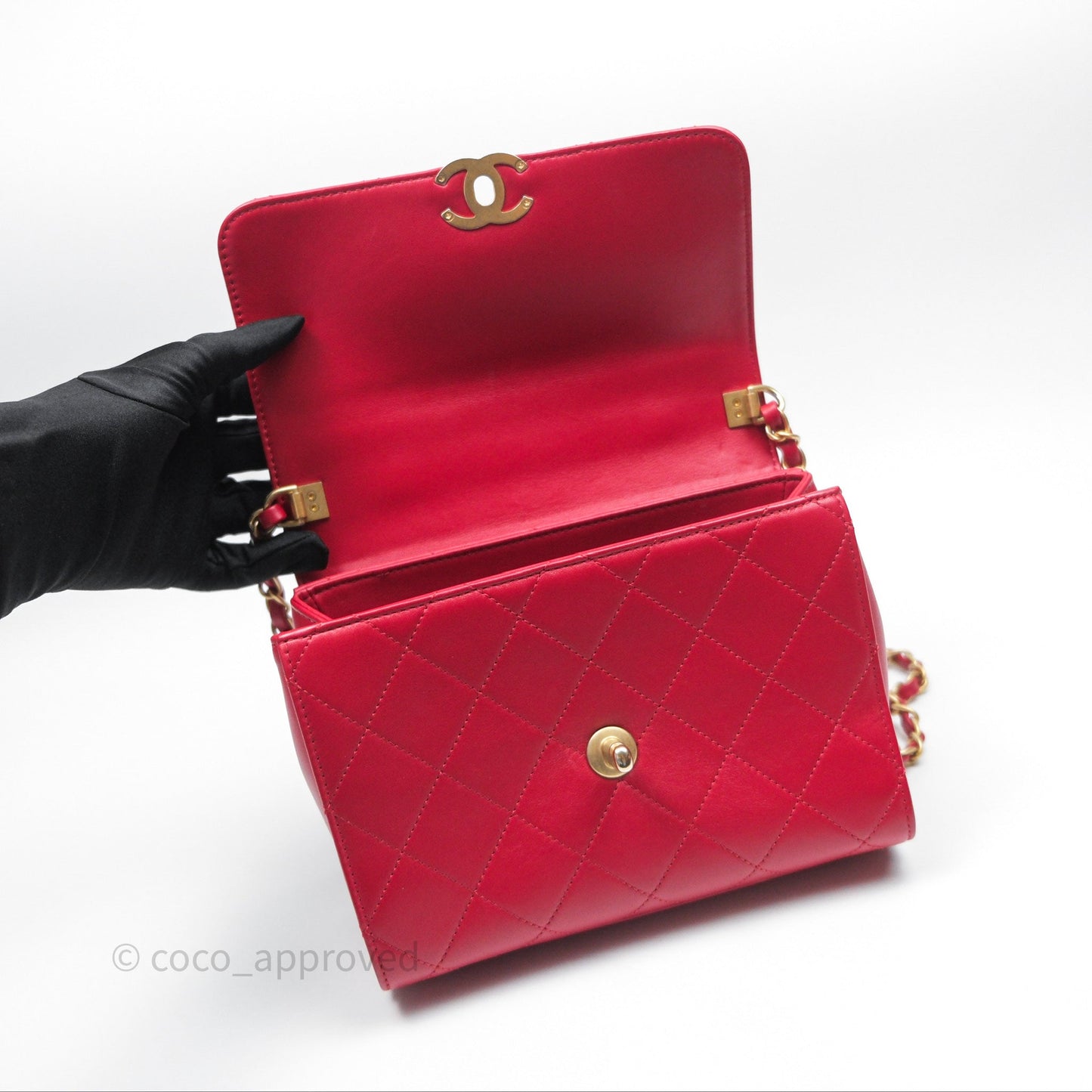 Chanel Quilted Flap Bag  with Pearl Logo Top Handle Red Lambskin Aged Gold Hardware