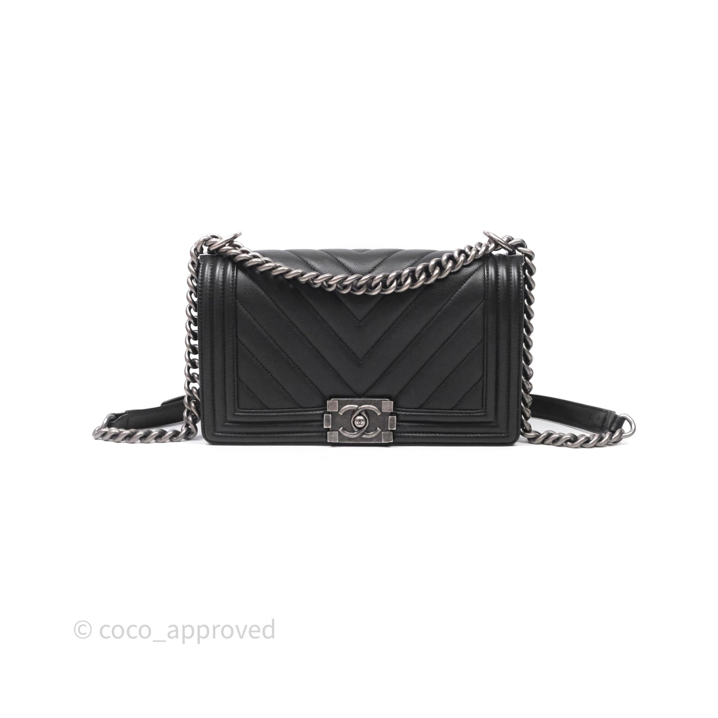 Chanel Medium Boy Chevron Black Caviar Ruthenium Hardware