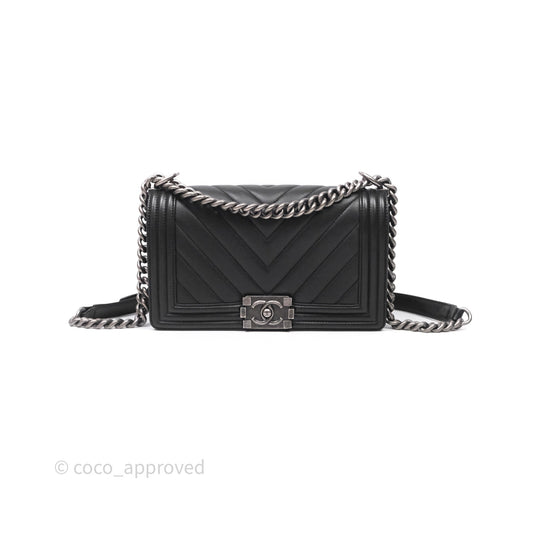 Chanel Medium Boy Chevron Black Caviar Ruthenium Hardware