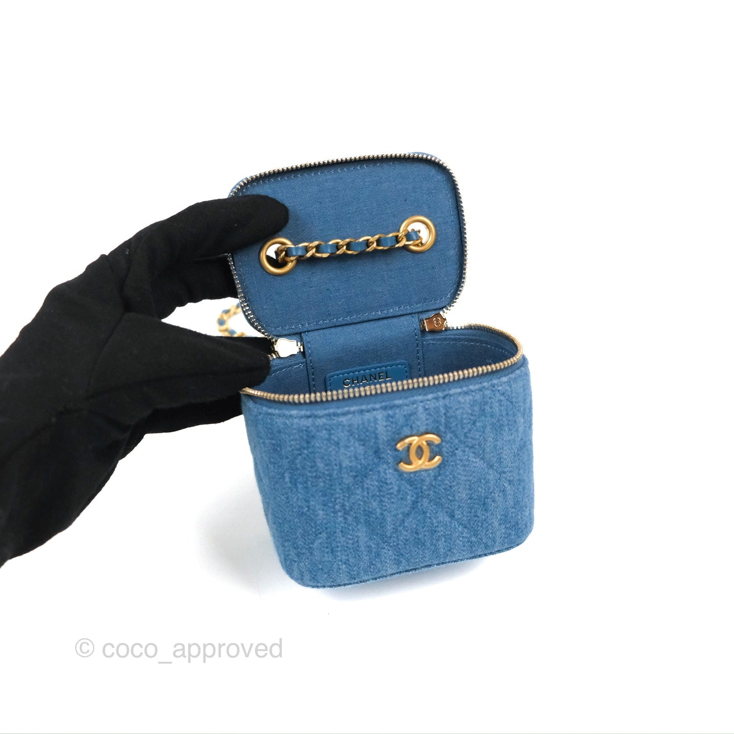 Chanel Mini Pearl Crush Vanity With Chain Denim Aged Gold Hardware