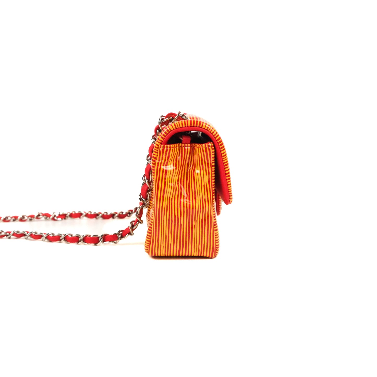 Chanel Mini Rectangular Flap Bag Orange Red Striped Patent Silver Hardware