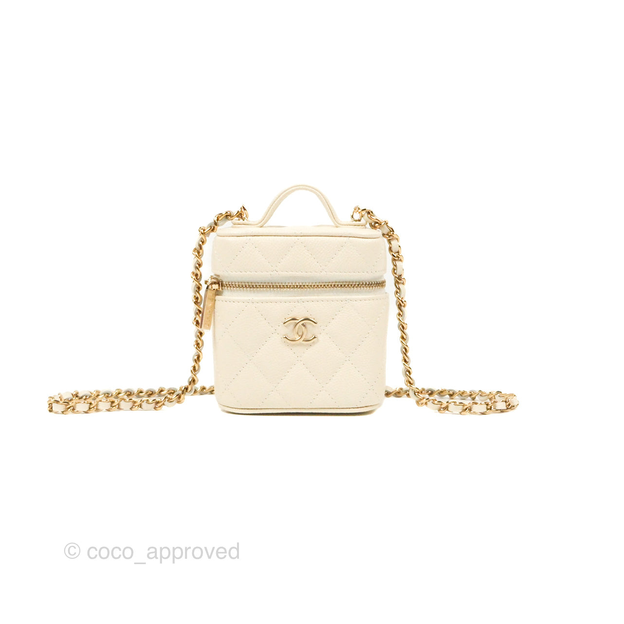 Chanel Quilted Small Handle With Care Vanity Case With Chain White Caviar Gold Hardware